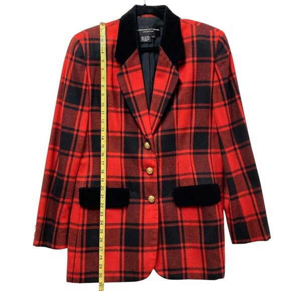 Vintage Adrienne Vittadini Plaid Long Blazer, Size 12, Black & Red, Velvet Trim - Picture 7 of 11